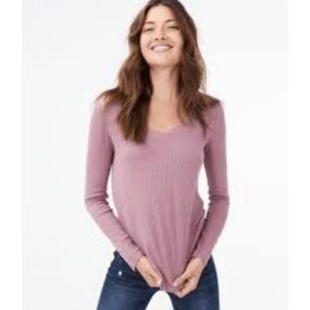 Aeropostale Seriously Soft Perfect V Long Sleeve‎ Ribbed Top Rose Pink Small NEW